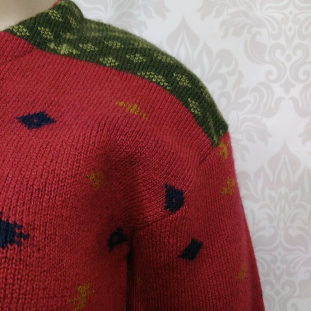 Vintage 90s Aztec Wool Cardigan Sweater Womens M Red Green Button Front - Picture 6 of 12